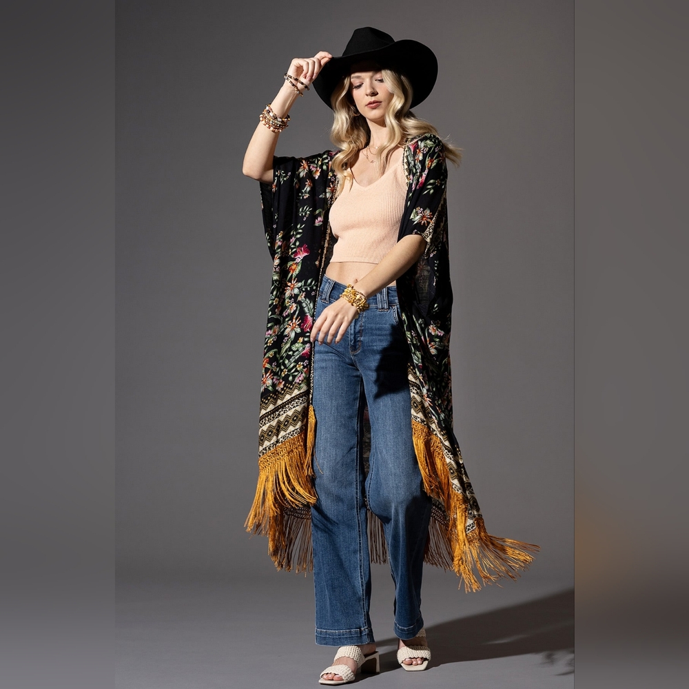 Bohemian Floral Print Kimono / Duster - Fine Golden Fringe Tassels - Side Slits - Picture 11 of 14